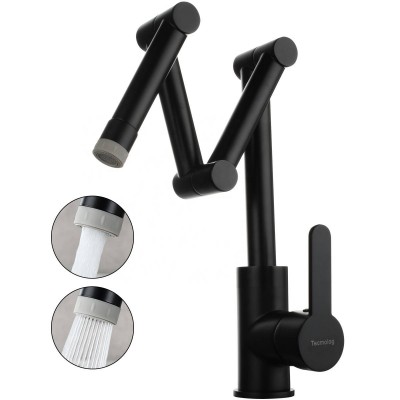 Ciencia Brass Folding Kitchen Faucet For Kitchen Sink Three Extention Arm Dual Water Outlet Black Deck Mounted sink tap BB1231A